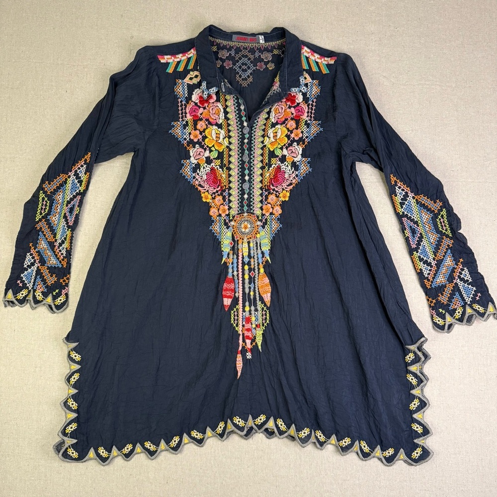 Johnny Was Festival Tunic in Graphite with Multicolor Embroidery NWOT